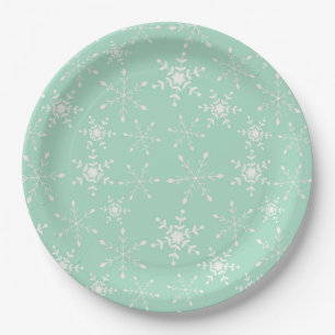 Snowflakes with light green background paper plate