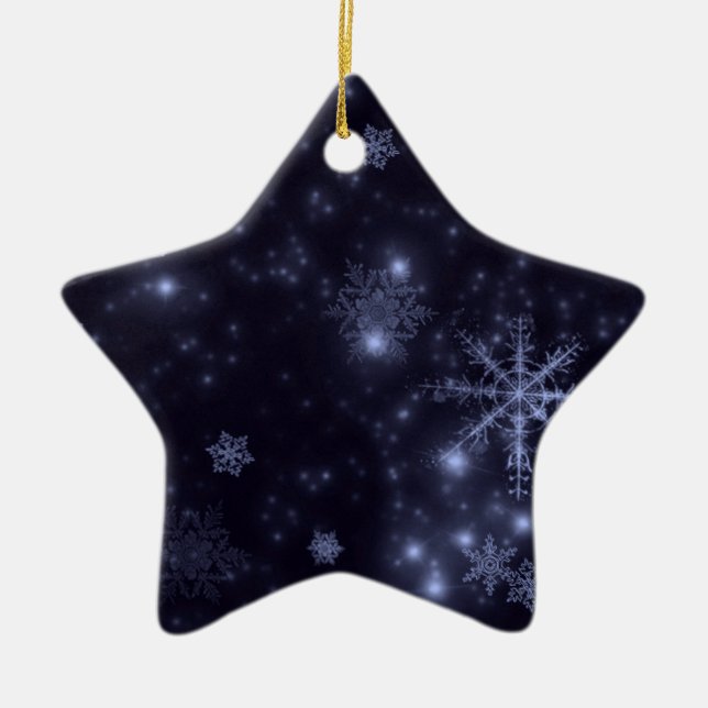 Snowflakes with Midnight Blue Background Ceramic Tree Decoration (Front)