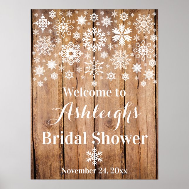 Snowflakes, Wood Bridal Shower Welcome Poster (Front)