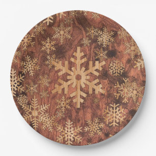 Snowflakes Wood Inlay Graphic Print Decor on a Paper Plate