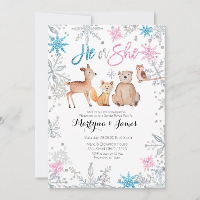 Snowflakes Woodland gender reveal invitation (Front)
