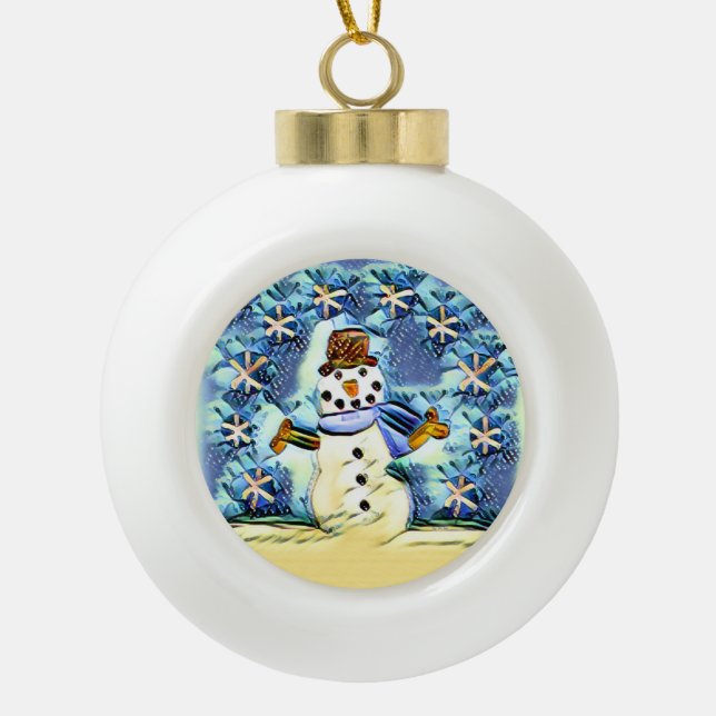 Snowie Snowman Ceramic Ball Christmas Ornament (Front)