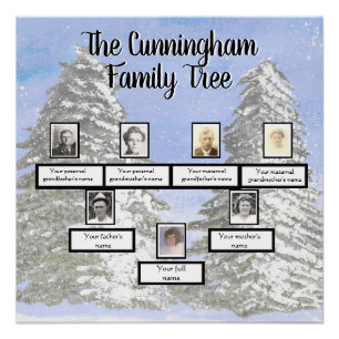 Snowing on Pines Watercolor Photo Family Tree Poster