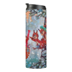 Snowing Winter Christmas Cute Girl with Squirrels Thermal Tumbler