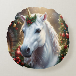 Snowlight: The Enchanted Christmas Unicorn Round Cushion