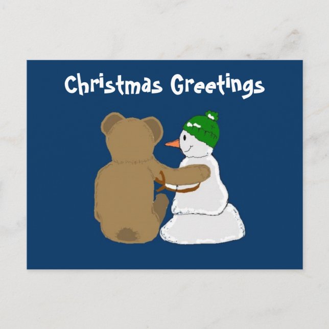 Snowman and Bear Friends Holiday Postcard (Front)