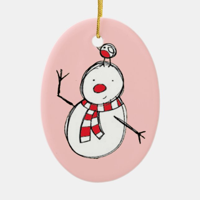 Snowman and Bird Ceramic Ornament (Front)