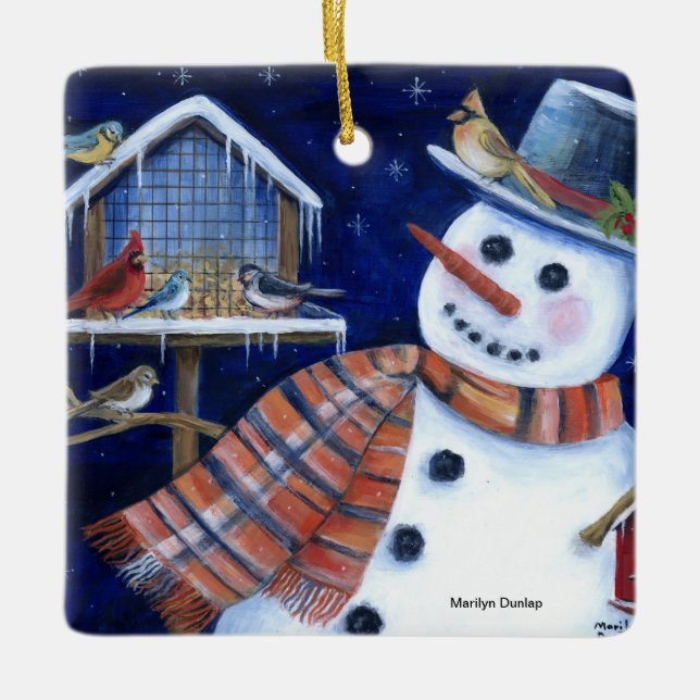 Snowman and Bird Feeder Ceramic Tree Decoration (Front)