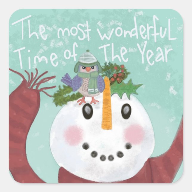 Snowman and Bird Square Sticker (Front)