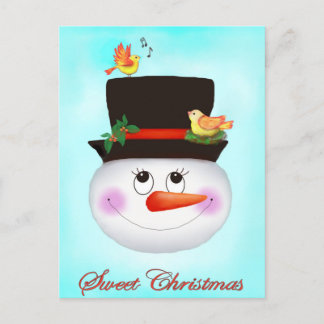 Snowman and birds holiday postcard