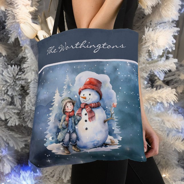 Snowman and Boy with Scarves Starry Night Monogram Tote Bag (Creator Uploaded)