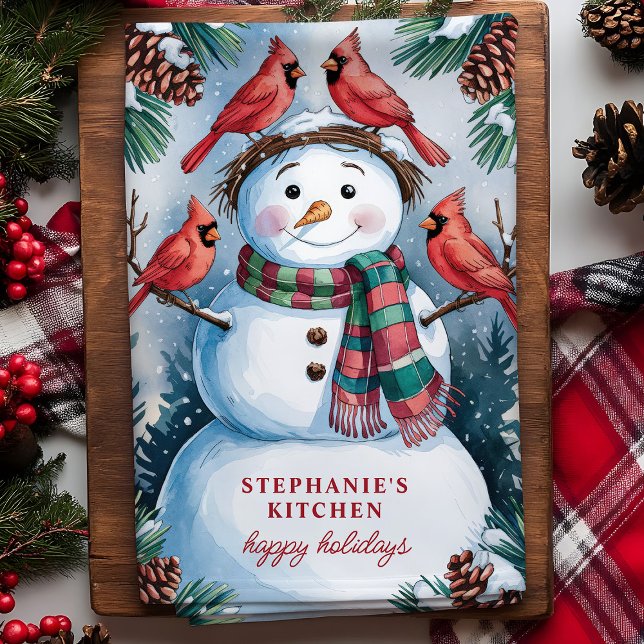 Snowman and Cardinals Personalised Christmas Tea Towel (Creator Uploaded)