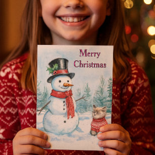 Snowman and Cat Merry Christmas Kids Holiday Card