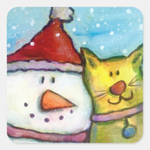 Snowman and Cat Square Sticker