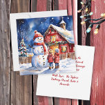 Snowman and Children Vintage Farm Christmas Card<br><div class="desc">Two little kids looking up at their snowman on a snowy winter night on a rustic vintage farm.</div>