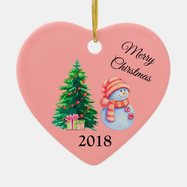 Snowman and Christmas Tree Ceramic Tree Decoration (Front)