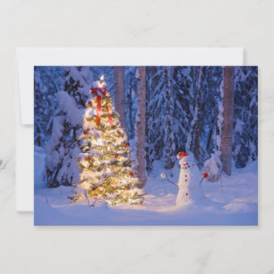Snowman and Christmas Tree on a Winter Night Holiday Card