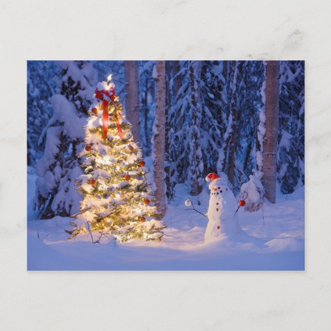 Snowman and Christmas Tree on a Winter Night Holiday Postcard (Front)