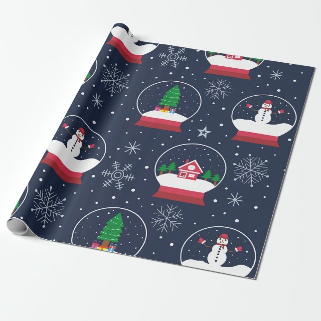Snowman and Christmas Tree with Snow Globe  Wrapping Paper (Unrolled)