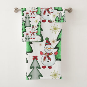 Snowman and Christmas trees. Bath Towel Set