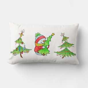 Snowman and Christmas Trees Christmas Pillow