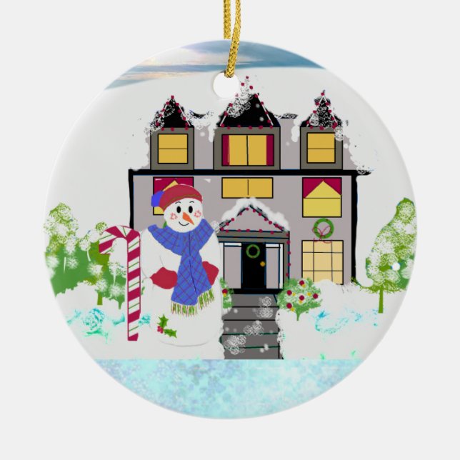Snowman and Cosy House Ceramic Ornament (Front)