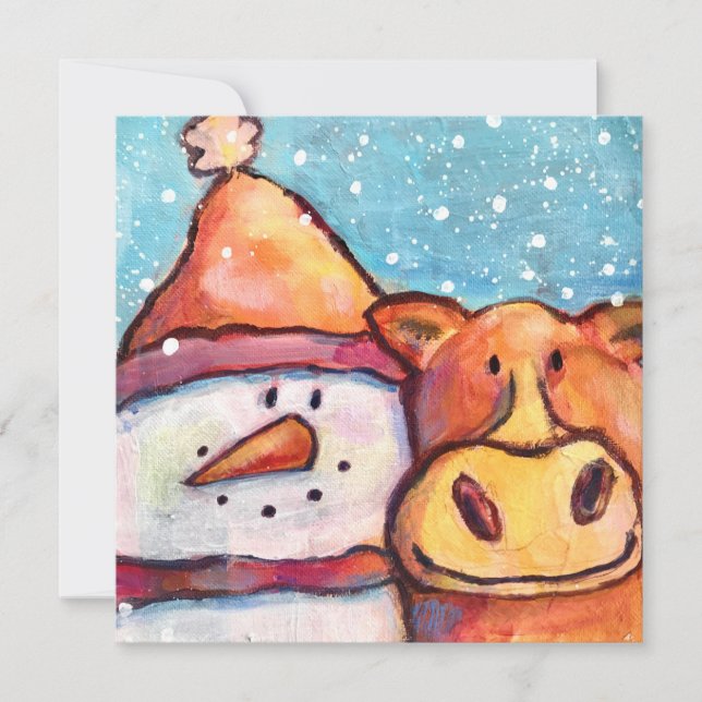 Snowman and Cow Flat Holiday Card (Front)