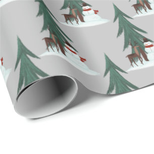 snowman and deer in snow wrapping paper