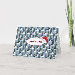 snowman and deer in snowflakes on blue holiday card