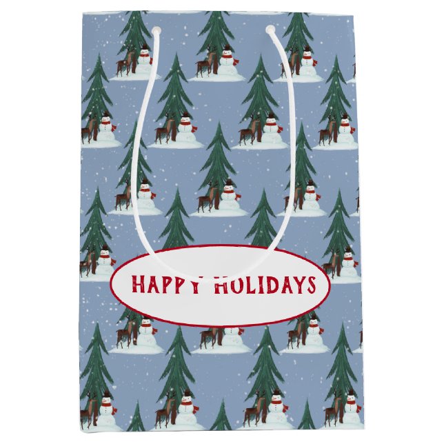 snowman and deer in snowflakes on blue medium gift bag (Front)