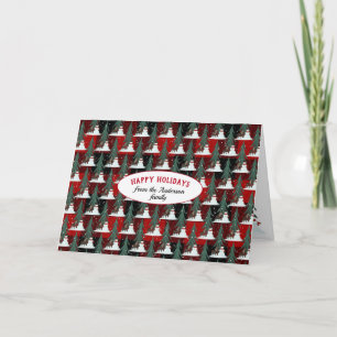 snowman and deer in snowflakes on plaid holiday card