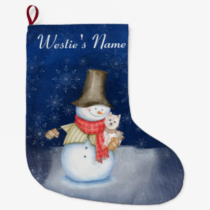 Snowman and dog- Westie Large Christmas Stocking