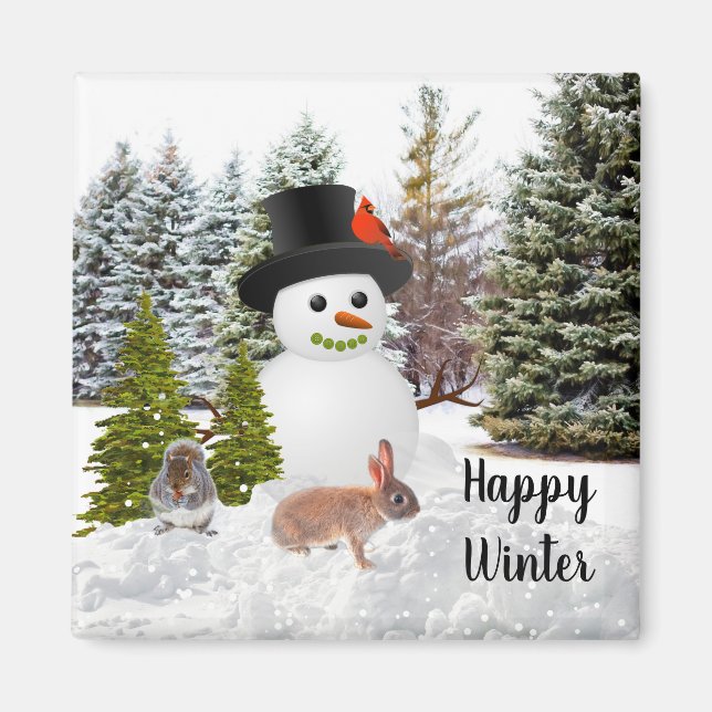Snowman and Friends Happy Winter Season Fridge Magnet (Front)