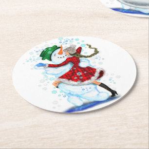 Snowman and Girl Dancers Christmas Paper Coaster