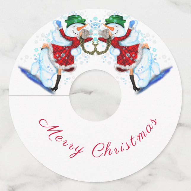 Snowman and Girl Dancers Christmas Wine Glass Tag (Front)