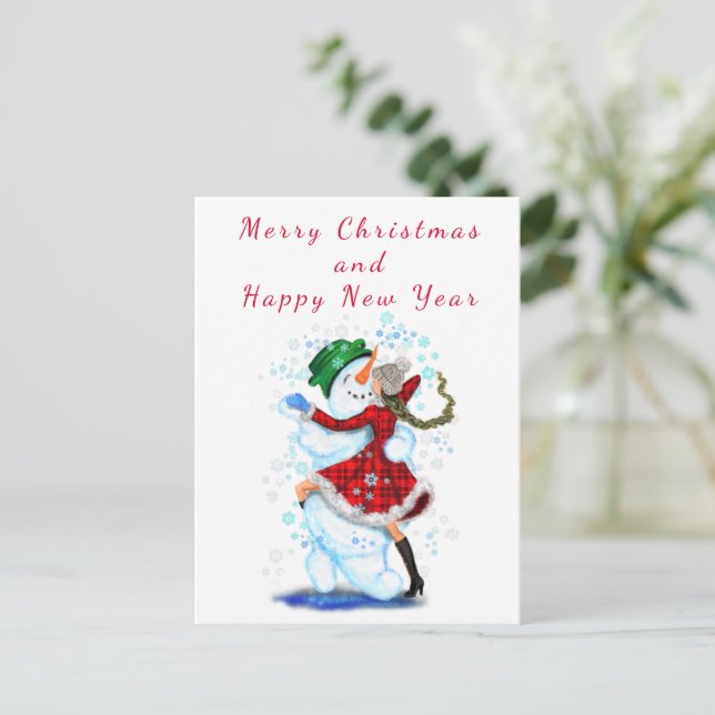 Snowman and Girl Dancers Funny Christmas Card (Standing Front)