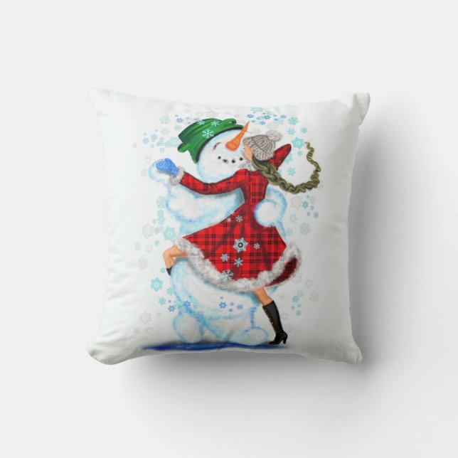 Snowman and Girl Dancers Funny Christmas Pillow (Front)