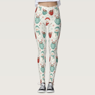 Snowman and Hot Cocoa Christmas Seamless Pattern Leggings