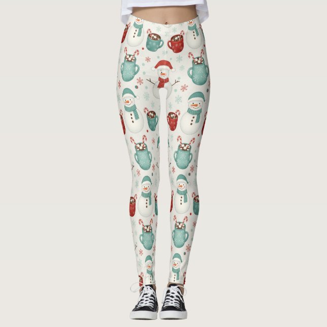 Snowman and Hot Cocoa Christmas Seamless Pattern Leggings (Front)
