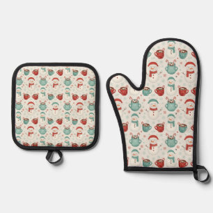 Snowman and Hot Cocoa Christmas Seamless Pattern Oven Mitt & Pot Holder Set