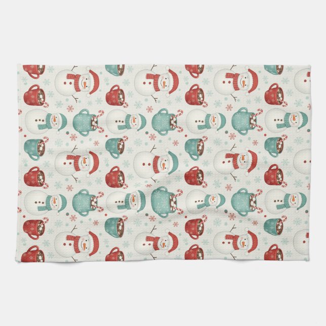 Snowman and Hot Cocoa Christmas Seamless Pattern Tea Towel (Horizontal)