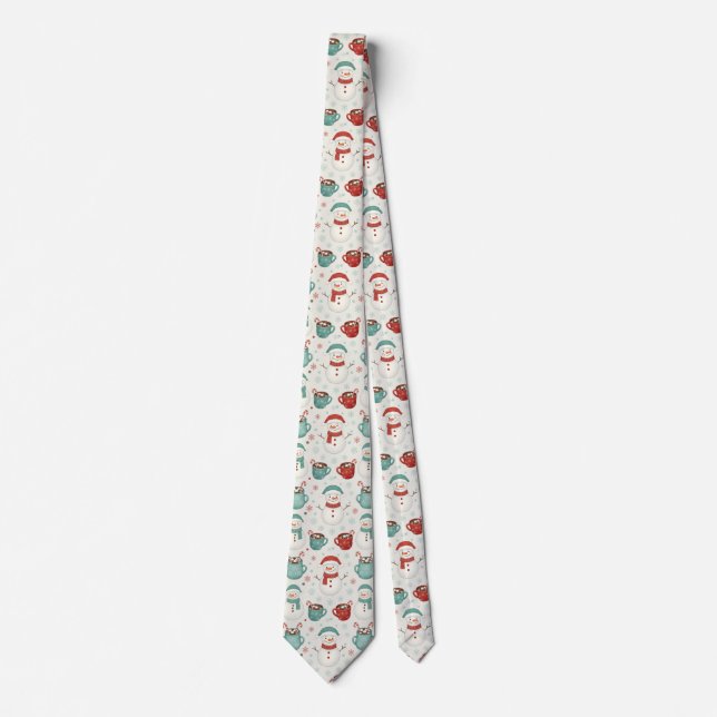 Snowman and Hot Cocoa Christmas Seamless Pattern Tie (Front)