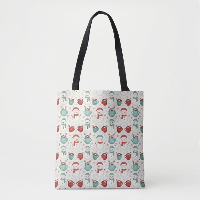 Snowman and Hot Cocoa Christmas Seamless Pattern Tote Bag (Front)
