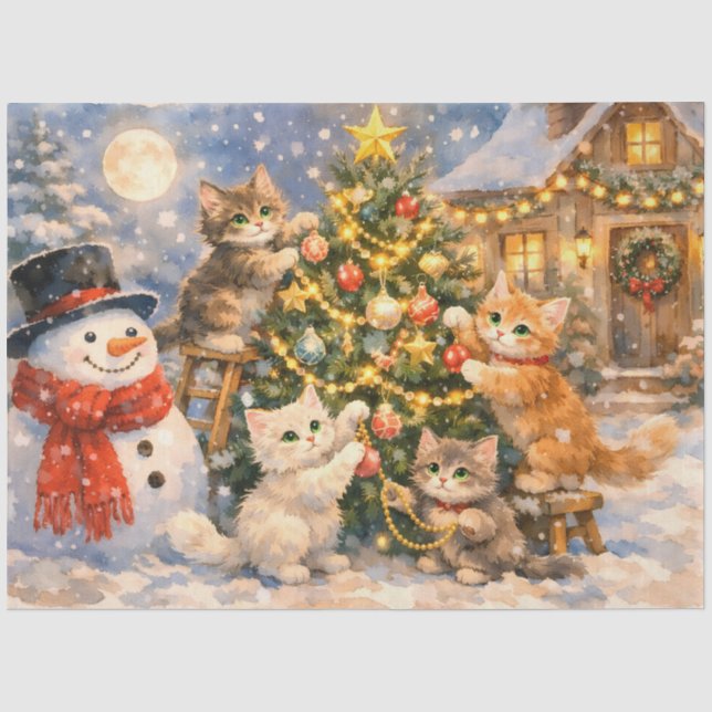 Snowman and Kittens Decorating Christmas Tree  Tissue Paper (Front)