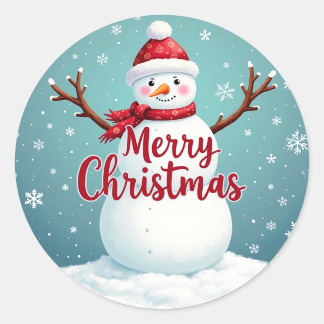 Snowman and Merry Christmas Classic Round Sticker (Front)