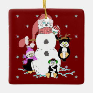 Snowman and Penguin Ceramic Ornament