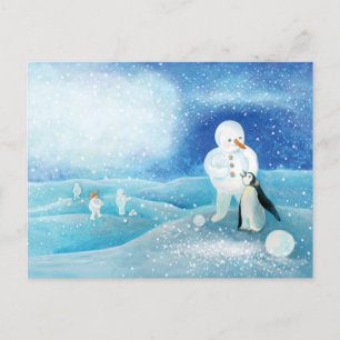 Snowman and Penguin Illustration Postcard