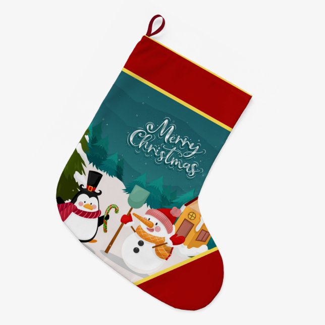 Snowman and penguin  large christmas stocking (Front (Hanging))