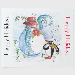 SNOWMAN AND PENGUIN'S SERENADE Christmas Wrapping Paper