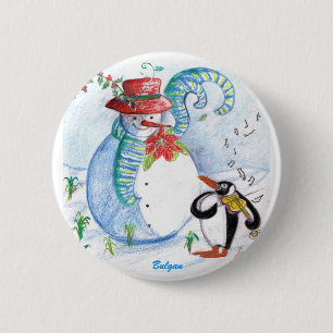 SNOWMAN AND PENGUIN'S WINTER SERENADE 6 CM ROUND BADGE